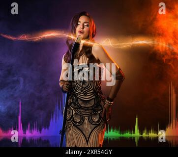 Beautiful woman with microphone singing in color lights. Audio waveforms near her Stock Photo