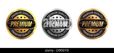 Premium quality carbon fiber vector badges. Luxury gold, silver, bronze, circle labels. For icon, logo, sign, seal, symbol, stamp, sticker. Vector Stock Vector