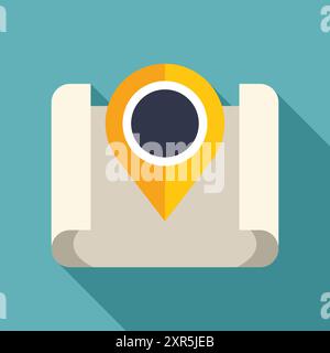 Yellow location pin is marking a destination spot on a folded paper map Stock Vector