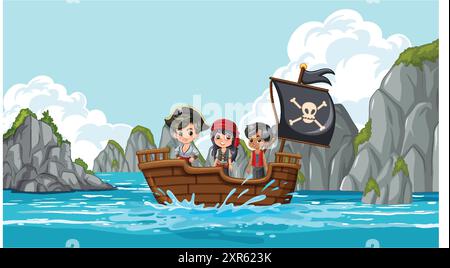 Three kids on a pirate ship Stock Vector