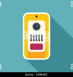 Illustration of a yellow intercom system hanging on a teal wall, providing security and communication Stock Vector