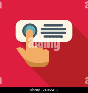 Hand pressing round button on control panel icon in flat style with long shadow on red background Stock Vector