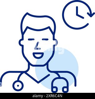 General practitioner with stethoscope and clock. Health clinic working hours. Medical service schedule. Pixel perfect, editable stroke vector icon Stock Vector