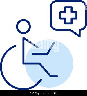 Person in wheelchair at laptop taking medical assistance. Remote healthcare appointment. Doctor accessibility. Pixel perfect, editable stroke vector i Stock Vector