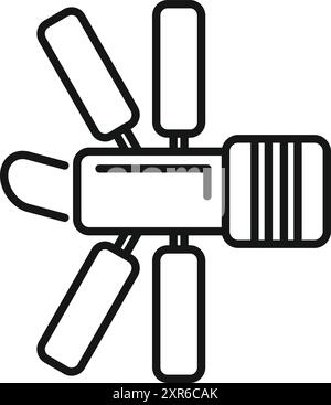 Simple line art icon of a space satellite orbiting earth, sending signals back to the planet Stock Vector