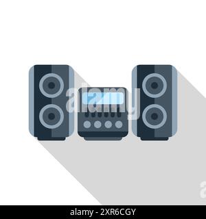Music stereo system playing audio with two speakers and long shadow Stock Vector