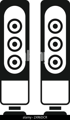Two tall black audio speakers standing on the floor are perfect for listening to loud music at home Stock Vector
