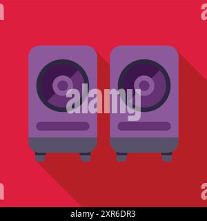Two purple speakers playing music loudly with long shadows on a red background Stock Vector
