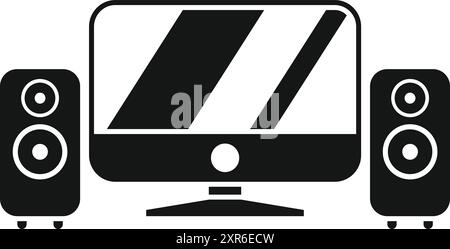 Simple icon of a desktop computer with two speakers, useful for illustrating concepts like music production, home studio, or multimedia setup Stock Vector