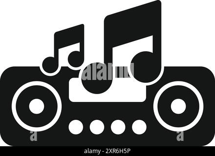 Black silhouette of a boombox playing music with musical notes Stock Vector