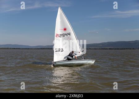 Golubac, Serbia, June 7, 2024: A man takes part in a Laser-Class sailing regatta on the Danube River. Stock Photo