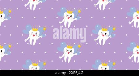 Seamless pattern with tooth fairy in shimmering crown and holding golden wand on purple polka dot background. Suitable for wallpaper, bedding Stock Vector