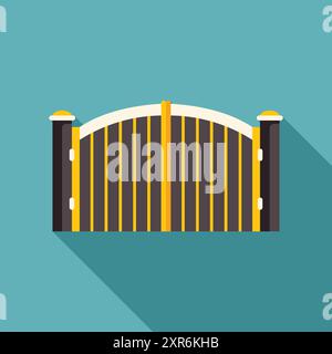 Golden gate with black vertical pickets casting a long shadow on a turquoise background Stock Vector