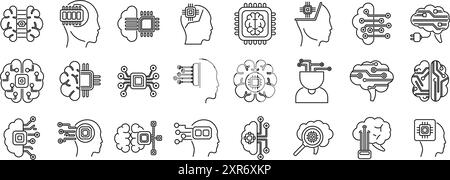 Brain implant icons set. Collection of icons representing artificial intelligence, machine learning, and the fusion of technology with the human mind Stock Vector