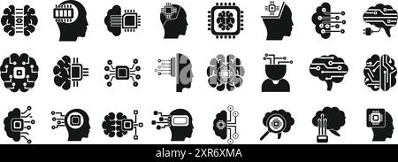 Brain implant icons set. Artificial intelligence icon set showing brain and microchip for machine learning Stock Vector