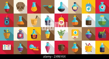 Magic elixir icons set. Colorful collection of potion bottles, ingredients, and tools for practicing alchemy, witchcraft, and potion making Stock Vector