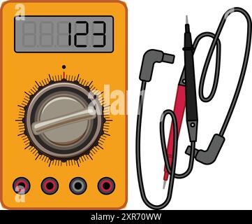 Digital multimeter displaying a numeric value and showing its selector knob and its two probes Stock Vector