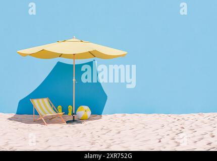 3D rendering of a relaxing beach setup with a yellow umbrella, a striped lounge chair, and a beach ball on sand against a blue wall background, concep Stock Photo