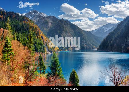Beautiful view of the Long Lake among colorful fall woods Stock Photo