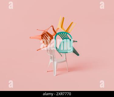 3d rendering of a playful arrangement of stacked plastic chairs in orange, yellow, teal, and white, creating a chaotic and artistic composition on a p Stock Photo