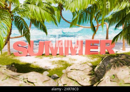 3D rendering of wood red letters spelling SUMMER on a tropical beach with lush palm trees, white sand, and turquoise ocean waves in the background. Stock Photo