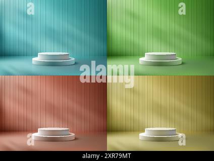 3D White Podium Against and Striped Wall Background, Modern Product Display and Mockup for Showroom Showcase, Minimalist and Clean Design Stock Vector