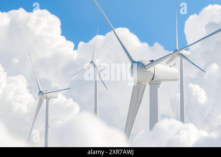 3D rendering of white wind turbines soaring above fluffy clouds. Renewable energy and sustainable technology concept. Stock Photo