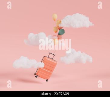 suitcase tied to a row of colorful balloons floating among fluffy clouds on a pastel pink studio background. travel concept, light luggage and check-i Stock Photo