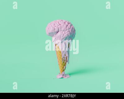 Imaginative depiction of a pink brain-shaped ice cream melting dramatically over a waffle cone against a soothing mint green background. Creative summ Stock Photo