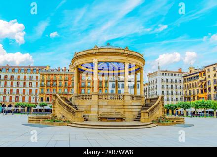 Panoramic view of Pamplona old town in Spain - The bulls run through this square in the San Femin event. Stock Photo