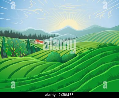 Fields Hills Farm House Landscape Background Stock Vector