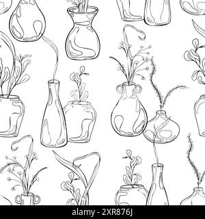 Vases with floral arrangement in black white vector seamless pattern isolated. Pottery with greenery hand drawn in line art on endless background Stock Vector