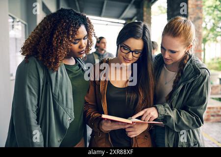 Campus, students and women reading book, education and novel with knowledge, college and learning. People, outdoor and friends with storytelling Stock Photo