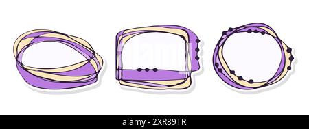 Stickers violet set in doodle abstract style. Notebook labels, blank frames, notes, reminders, stickers. . Vector illustration Stock Vector
