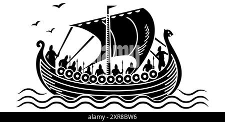 Design in Old Norse style. Ancient Celtic Scandinavian warriors with spears and shields. Viking ship Drakkar. Stock Vector