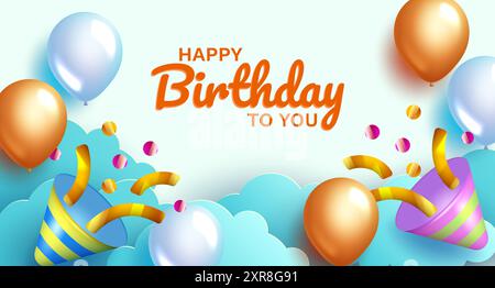 A vector illustration featuring a birthday celebration background design with paper cut clouds, balloons in various colors, and confetti. Stock Vector