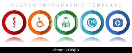 Healthcare vector icon collection, miscellaneous icons such as cadyceus, first aid, doctor, emergency call and wheelchair, flat design infographic tem Stock Vector