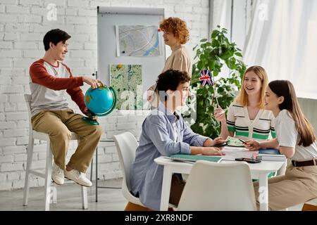 Teenagers participate in a lively discussion during a Model UN conference. Stock Photo