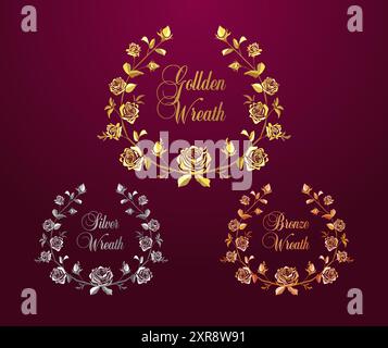 Set of floral shiny golden, silver and bronze awards icons. Round wreath of vintage roses and leaves and metallic colors. Decorative collection. Stock Vector