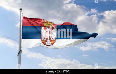 Serbia flag - realistic waving fabric flag. Stock Photo