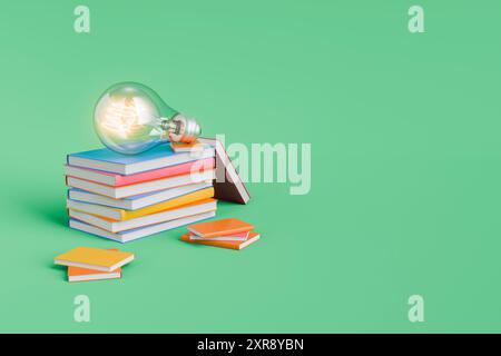 Single lit light bulb is sitting on a stack of colorful books, representing the power of knowledge and education. 3d rendering Stock Photo