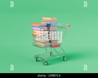 Shopping cart full of colorful books on green background representing back to school shopping for students. 3d rendering Stock Photo