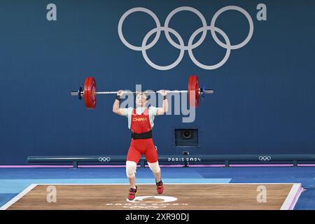 Paris, France. 08th Aug, 2024. LUO Shifang (China) Gold medal, Weightlifting, Women's 59kg during the Olympic Games Paris 2024 on 8 August 2024 at South Paris Arena in Paris, France - Photo Michael Baucher/Panoramic/DPPI Media Credit: DPPI Media/Alamy Live News Stock Photo