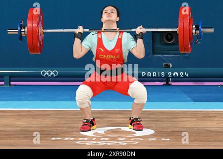 Paris, France. 08th Aug, 2024. LUO Shifang (China) Gold medal, Weightlifting, Women's 59kg during the Olympic Games Paris 2024 on 8 August 2024 at South Paris Arena in Paris, France - Photo Michael Baucher/Panoramic/DPPI Media Credit: DPPI Media/Alamy Live News Stock Photo