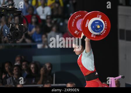 Paris, France. 08th Aug, 2024. LUO Shifang (China) Gold medal, Weightlifting, Women's 59kg during the Olympic Games Paris 2024 on 8 August 2024 at South Paris Arena in Paris, France - Photo Michael Baucher/Panoramic/DPPI Media Credit: DPPI Media/Alamy Live News Stock Photo