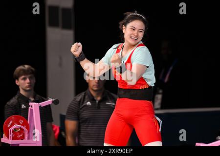 Paris, France. 08th Aug, 2024. LUO Shifang (China) Gold medal, Weightlifting, Women's 59kg during the Olympic Games Paris 2024 on 8 August 2024 at South Paris Arena in Paris, France - Photo Michael Baucher/Panoramic/DPPI Media Credit: DPPI Media/Alamy Live News Stock Photo