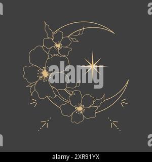 Gold thin line moon flower contour tattoo, floral spiritual mystic element, Esoteric boho magic illustration, Line, leaves and dots decoration on dark background. Vector illustration Stock Vector