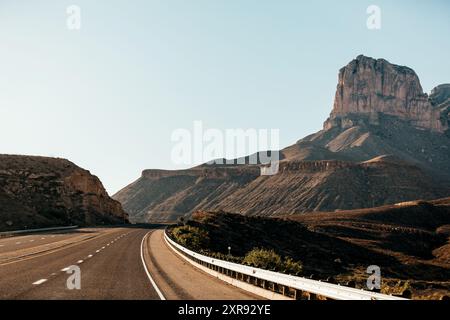 Highway Scene Featuring El Capitan Guadalupe Mountains National Park Stock Photo