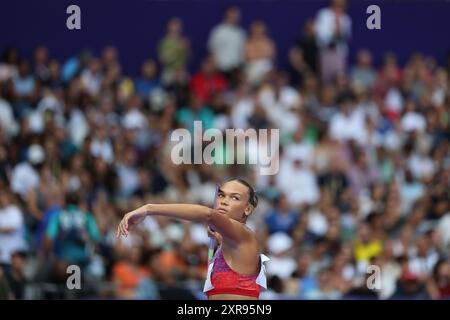 Paris, France. 9th Aug, 2024. Anna Hall of the United States competes during the women's heptathlon javelin throw of Athletics at the Paris 2024 Olympic Games in Paris, France, Aug. 9, 2024. Credit: Li Ming/Xinhua/Alamy Live News Stock Photo