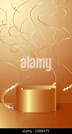 Golden podium 3d scene stand in vector with confetti, streamers for mockups, demonstration, advertising, marketplaces Stock Vector